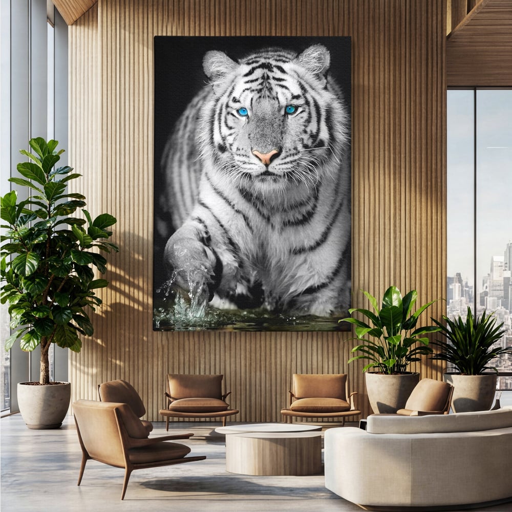 Tablou canvas cu tablou canvas cu tigru alb, fara rama, pe sasiu de lemn, pe perete intr-un birou